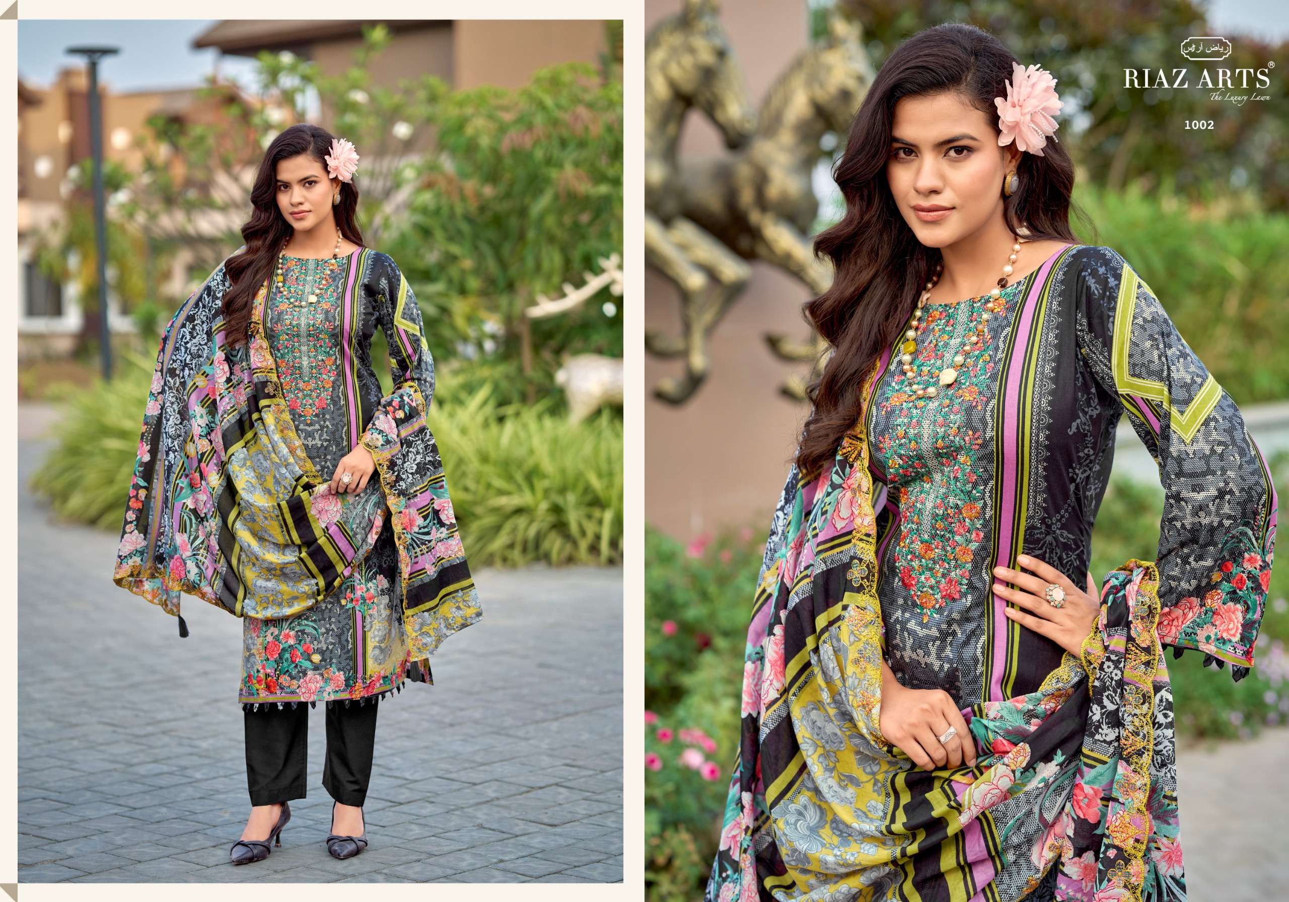 RIAZ ARTS HUMDUM TOP & DUP WORK LAWN COTTON DESIGNER PAKISTANI STYLE SUIT TEXTILE MARKET 